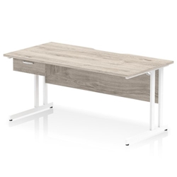 Impulse 1600 x 800mm Scalloped Edge Straight Office Desk Grey Oak Top White Cantilever Leg Workstation 1 x 1 Drawer Fixed Pedestal