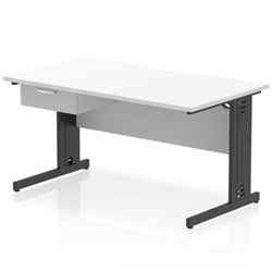 Impulse 1400 x 800mm Scalloped Edge Straight Office Desk White Top Black Cable Managed Leg Workstation 1 x 1 Drawer Fixed Pedestal