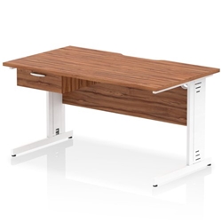 Impulse 1400 x 800mm Scalloped Edge Straight Office Desk Walnut Top White Cable Managed Leg Workstation 1 x 1 Drawer Fixed Pedestal