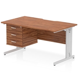 Impulse 1400 x 800mm Scalloped Edge Straight Office Desk Walnut Top Silver Cable Managed Leg Workstation 1 x 3 Drawer Fixed Pedestal