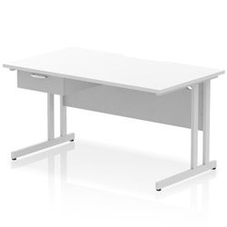 Impulse 1400 x 800mm Scalloped Edge Straight Office Desk White Top Silver Cantilever Leg Workstation 1 x 1 Drawer Fixed Pedestal