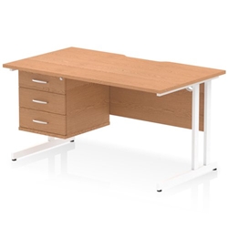 Impulse 1400 x 800mm Scalloped Edge Straight Office Desk Oak Top White Cantilever Leg Workstation 1 x 3 Drawer Fixed Pedestal