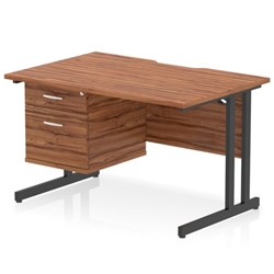 Impulse 1200 x 800mm Scalloped Edge Straight Office Desk Walnut Top Black Cantilever Leg Workstation 1 x 2 Drawer Fixed Pedestal