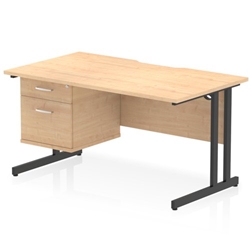 Impulse 1400 x 800mm Scalloped Edge Straight Office Desk Maple Top Black Cantilever Leg Workstation 1 x 2 Drawer Fixed Pedestal