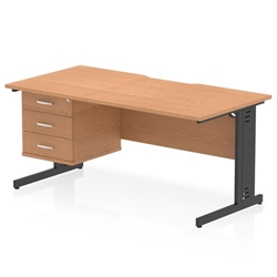 Impulse 1600 x 800mm Scalloped Edge Straight Office Desk Oak Top Black Cable Managed Leg Workstation 1 x 3 Drawer Fixed Pedestal