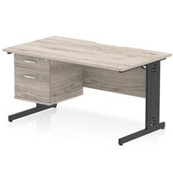 Impulse 1400 x 800mm Scalloped Edge Straight Office Desk Grey Oak Top Black Cable Managed Leg Workstation 1 x 2 Drawer Fixed Pedestal