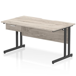 Impulse 1400 x 800mm Scalloped Edge Straight Office Desk Grey Oak Top Black Cantilever Leg Workstation 1 x 1 Drawer Fixed Pedestal