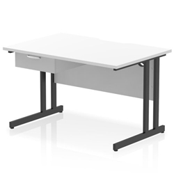 Impulse 1200 x 800mm Scalloped Edge Straight Office Desk White Top Black Cantilever Leg Workstation 1 x 1 Drawer Fixed Pedestal