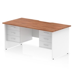 Impulse 1600 x 800mm Scalloped Edge Straight Office Desk Walnut Top White Panel End Leg Workstation 2 x 3 Drawer Fixed Pedestal