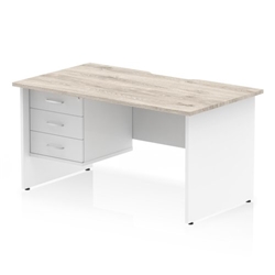 Impulse 1400 x 800mm Scalloped Edge Straight Office Desk Grey Oak Top White Panel End Leg Workstation 1 x 3 Drawer Fixed Pedestal