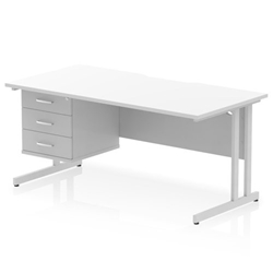 Impulse 1600 x 800mm Scalloped Edge Straight Office Desk White Top Silver Cantilever Leg Workstation 1 x 3 Drawer Fixed Pedestal