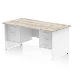 Impulse 1600 x 800mm Scalloped Edge Straight Office Desk Grey Oak Top White Panel End Leg Workstation 1 x 2 Drawer 1 x 3 Drawer Fixed Pedestal