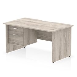 Impulse 1400 x 800mm Scalloped Edge Straight Office Desk Grey Oak Top Panel End Leg Workstation 1 x 2 Drawer Fixed Pedestal