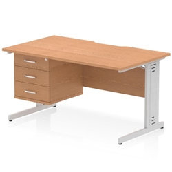 Impulse 1400 x 800mm Scalloped Edge Straight Office Desk Oak Top Silver Cable Managed Leg Workstation 1 x 3 Drawer Fixed Pedestal