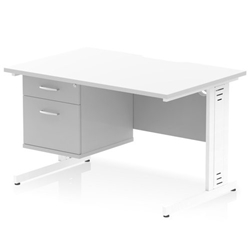 Impulse 1200 x 800mm Scalloped Edge Straight Office Desk White Top White Cable Managed Leg Workstation 1 x 2 Drawer Fixed Pedestal