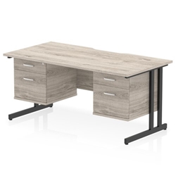 Impulse 1600 x 800mm Scalloped Edge Straight Office Desk Grey Oak Top Black Cantilever Leg Workstation 2 x 2 Drawer Fixed Pedestal