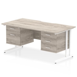 Impulse 1600 x 800mm Scalloped Edge Straight Office Desk Grey Oak Top White Cantilever Leg Workstation 1 x 2 Drawer 1 x 3 Drawer Fixed Pedestal
