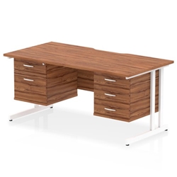 Impulse 1600 x 800mm Scalloped Edge Straight Office Desk Walnut Top White Cantilever Leg Workstation 1 x 2 Drawer 1 x 3 Drawer Fixed Pedestal
