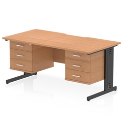 Impulse 1600 x 800mm Scalloped Edge Straight Office Desk Oak Top Black Cable Managed Leg Workstation 2 x 3 Drawer Fixed Pedestal