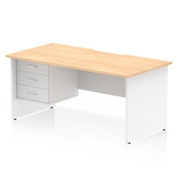 Impulse 1600 x 800mm Scalloped Edge Straight Office Desk Maple Top White Panel End Leg Workstation 1 x 3 Drawer Fixed Pedestal