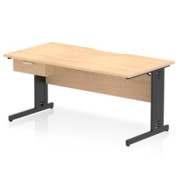 Impulse 1600 x 800mm Scalloped Edge Straight Office Desk Maple Top Black Cable Managed Leg Workstation 1 x 1 Drawer Fixed Pedestal