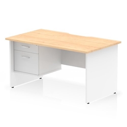 Impulse 1400 x 800mm Scalloped Edge Straight Office Desk Maple Top White Panel End Leg Workstation 1 x 2 Drawer Fixed Pedestal
