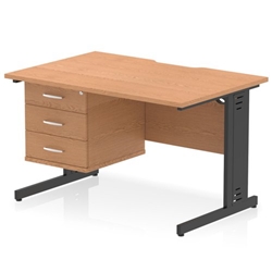 Impulse 1200 x 800mm Scalloped Edge Straight Office Desk Oak Top Black Cable Managed Leg Workstation 1 x 3 Drawer Fixed Pedestal