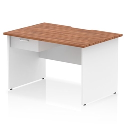 Impulse 1200 x 800mm Scalloped Edge Straight Office Desk Walnut Top White Panel End Leg Workstation 1 x 1 Drawer Fixed Pedestal