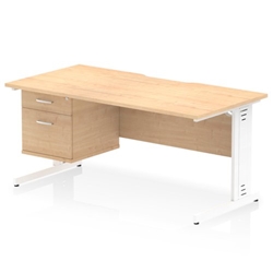 Impulse 1600 x 800mm Scalloped Edge Straight Office Desk Maple Top White Cable Managed Leg Workstation 1 x 2 Drawer Fixed Pedestal