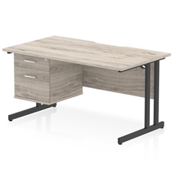 Impulse 1400 x 800mm Scalloped Edge Straight Office Desk Grey Oak Top Black Cantilever Leg Workstation 1 x 2 Drawer Fixed Pedestal