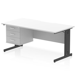 Impulse 1600 x 800mm Scalloped Edge Straight Office Desk White Top Black Cable Managed Leg Workstation 1 x 3 Drawer Fixed Pedestal