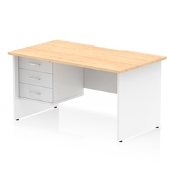 Impulse 1400 x 800mm Scalloped Edge Straight Office Desk Maple Top White Panel End Leg Workstation 1 x 3 Drawer Fixed Pedestal