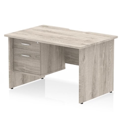 Impulse 1200 x 800mm Scalloped Edge Straight Office Desk Grey Oak Top Panel End Leg Workstation 1 x 2 Drawer Fixed Pedestal