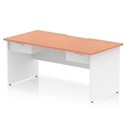 Impulse 1600 x 800mm Scalloped Edge Straight Office Desk Beech Top White Panel End Leg Workstation 2 x 1 Drawer Fixed Pedestal