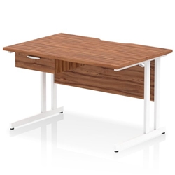 Impulse 1200 x 800mm Scalloped Edge Straight Office Desk Walnut Top White Cantilever Leg Workstation 1 x 1 Drawer Fixed Pedestal