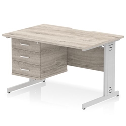 Impulse 1200 x 800mm Scalloped Edge Straight Office Desk Grey Oak Top Silver Cable Managed Leg Workstation 1 x 3 Drawer Fixed Pedestal