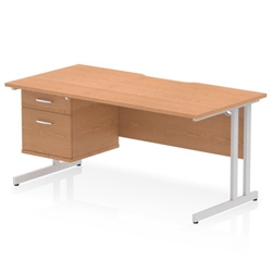 Impulse 1600 x 800mm Scalloped Edge Straight Office Desk Oak Top Silver Cantilever Leg Workstation 1 x 2 Drawer Fixed Pedestal