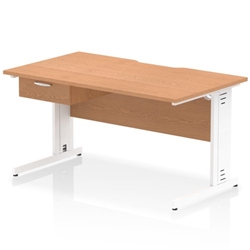 Impulse 1400 x 800mm Scalloped Edge Straight Office Desk Oak Top White Cable Managed Leg Workstation 1 x 1 Drawer Fixed Pedestal