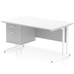 Impulse 1400 x 800mm Scalloped Edge Straight Office Desk White Top White Cantilever Leg Workstation 1 x 2 Drawer Fixed Pedestal