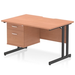 Impulse 1200 x 800mm Scalloped Edge Straight Office Desk Beech Top Black Cantilever Leg Workstation 1 x 2 Drawer Fixed Pedestal