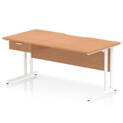 Impulse 1600 x 800mm Scalloped Edge Straight Office Desk Oak Top White Cantilever Leg Workstation 1 x 1 Drawer Fixed Pedestal