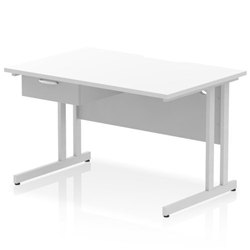 Impulse 1200 x 800mm Scalloped Edge Straight Office Desk White Top Silver Cantilever Leg Workstation 1 x 1 Drawer Fixed Pedestal
