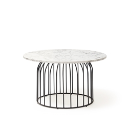 Este circular coffee table with black wire frame and Carrara marble effect top