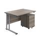 1200X800 Twin Upright Rectangular Desk Grey Oak-Silver + Mobile 2 Drawer Ped