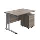1200X800 Twin Upright Rectangular Desk Grey Oak-Silver + Mobile 3 Drawer Ped
