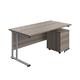 1600X800 Twin Upright Rectangular Desk Grey Oak-Silver + Mobile 2 Drawer Ped