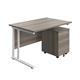 1200X800 Twin Upright Rectangular Desk Grey Oak-White + Mobile 2 Drawer Ped