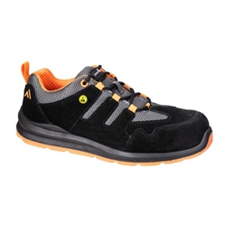 Portwest Composite Cow Suede Leather Trainer S1 ESD SR FO. Size/Fit  39/O, Black/Orange. Style FE07