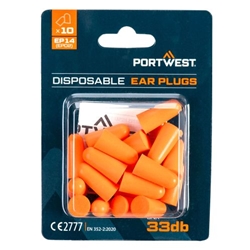 Portwest PU Foam Ear Plugs Blister Pack (10 Pairs). Size/Fit  /R, Orange. Style EP14