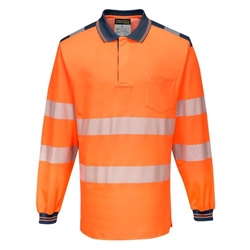 Portwest PW3 Hi-Vis Cotton Comfort Polo Shirt L/S . Size/Fit  M/R, Orange/Navy. Style T184